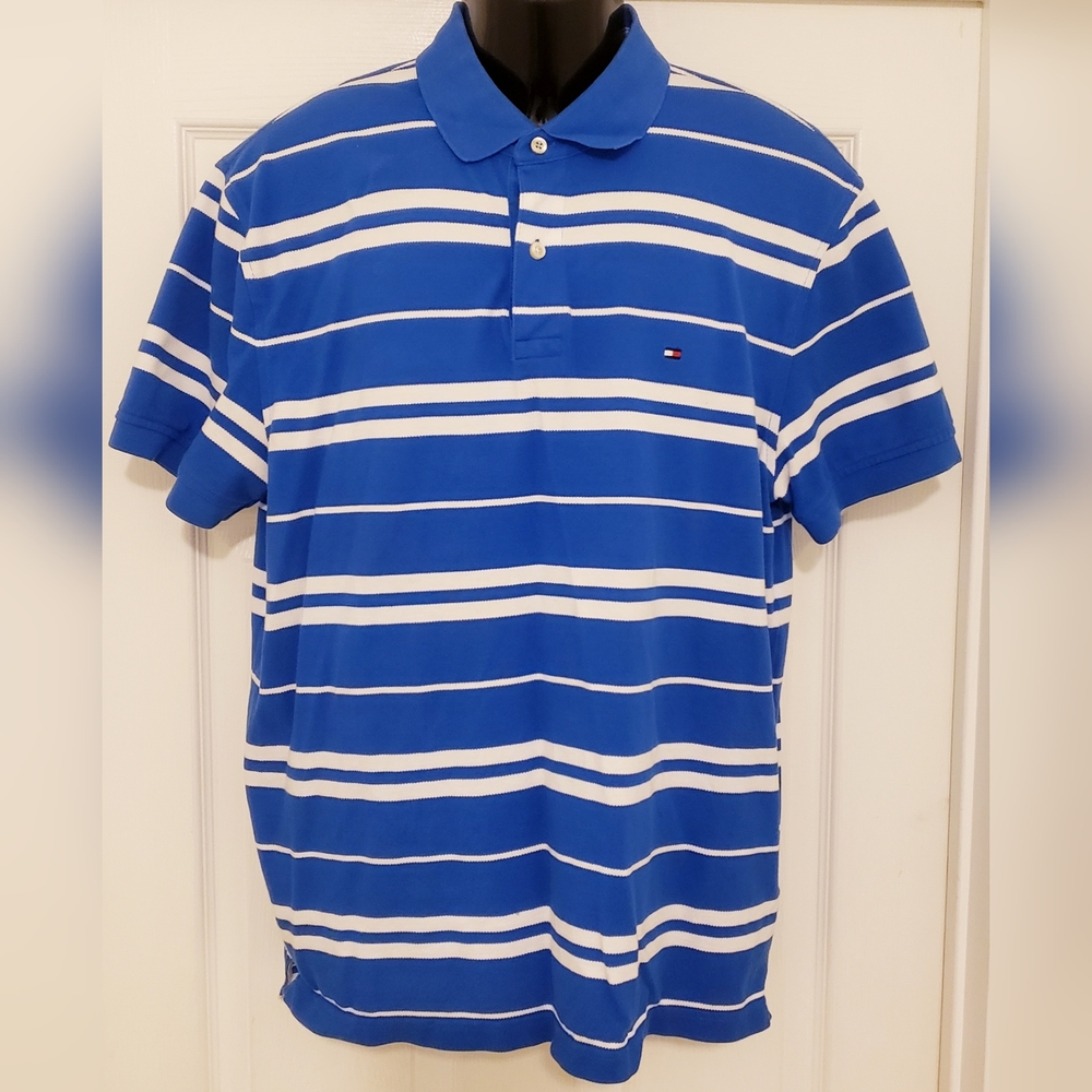 Tommy Hilfiger Classic Fit Polo Blue White Short Sleeve Shirt Men Size Large